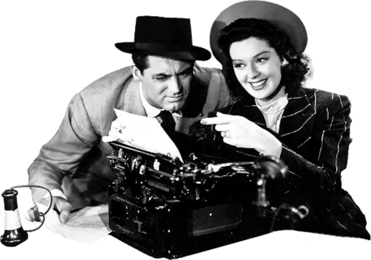 Cary Grant and Rosalind Russel smile over a typewriter in a scene from His Girl Friday.